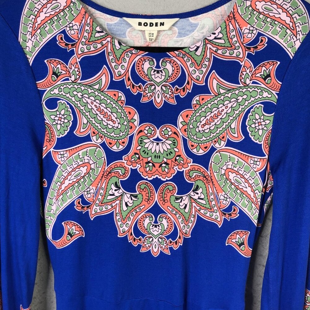 Boden Dress Womens 4 Blue Paisley Jersey Maxi Fit Flare Long Sleeve Boho Belted - Picture 16 of 16